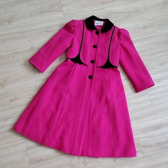Vintage 70s/80s Rothschild Pink Wool Black Velvet Coat - Picture 1 of 11